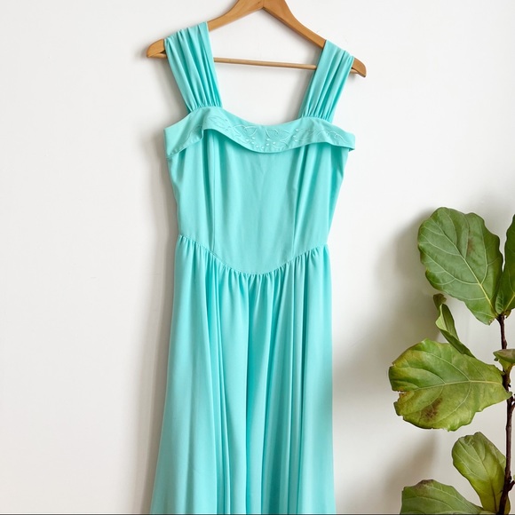 Vintage Dresses & Skirts - Vintage Tricoville London Blue Midi Dress Size 6 Sleveless Turquoise